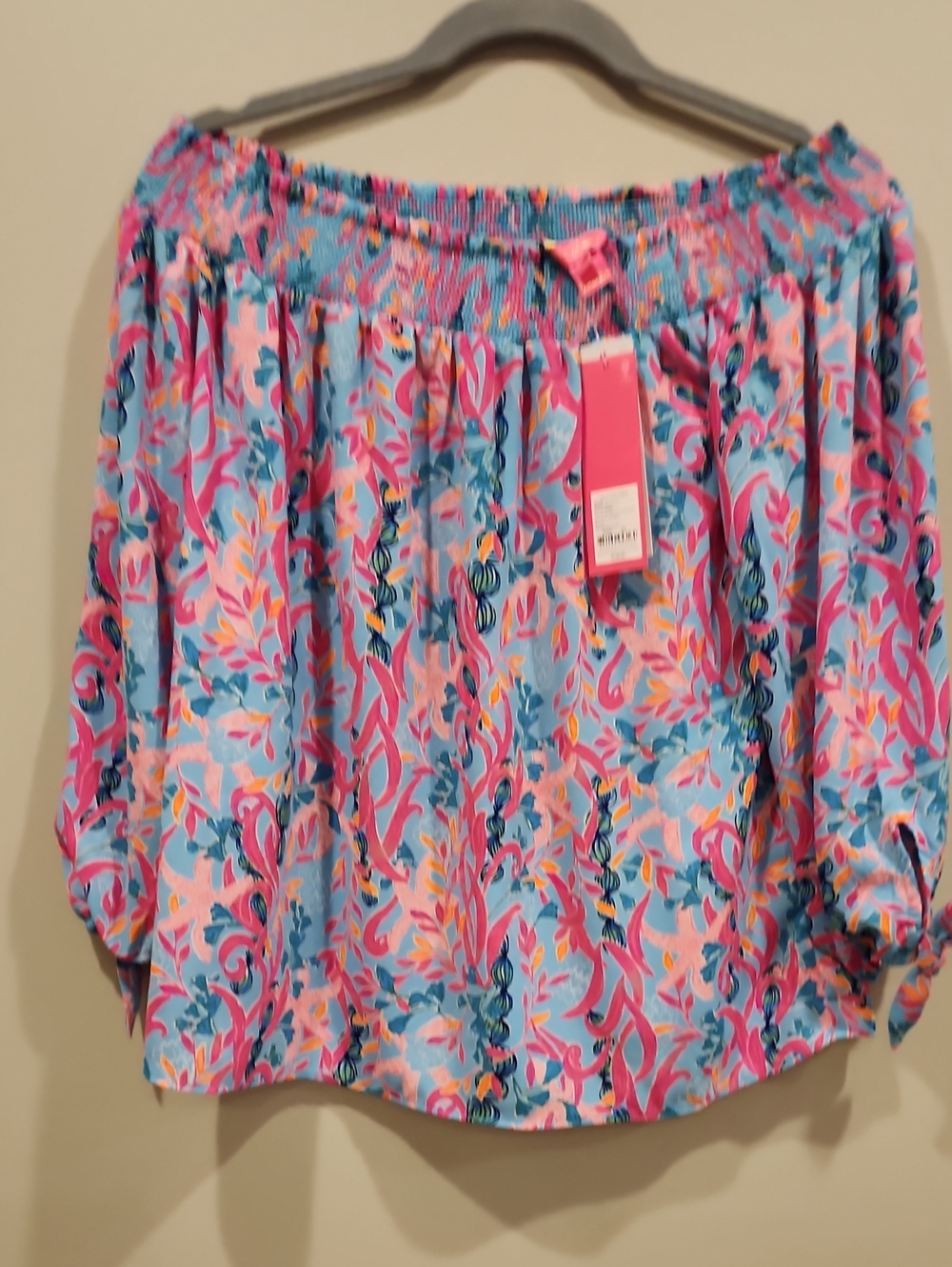 Lilly Pulitzer Off-Shoulder Floral Top in Pink & Blue, Size XS